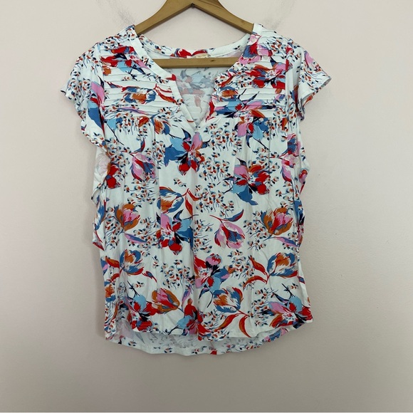 Anthropologie Tops - Anthropologie Meadow Rue White Floral Pintuck Pleated Ruffle Sleeve Top Size XS